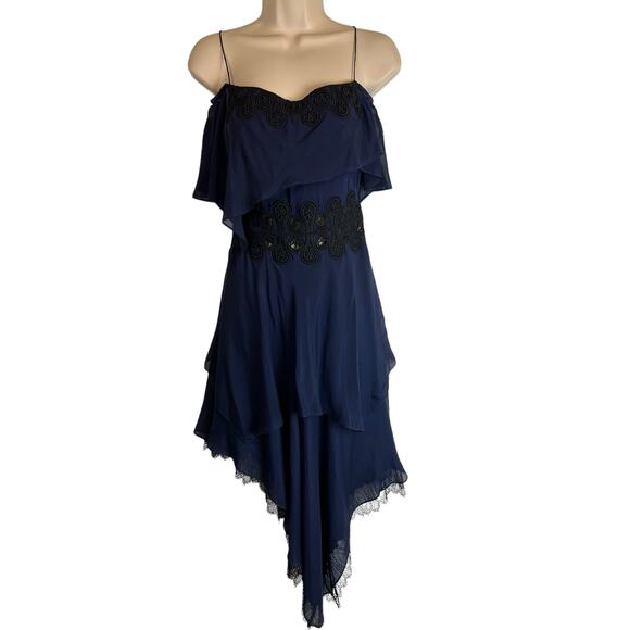 Jonathan Simkhai Blue Silk Black Lace Party Dress Cocktail Ruffle 0 - Picture 2 of 13